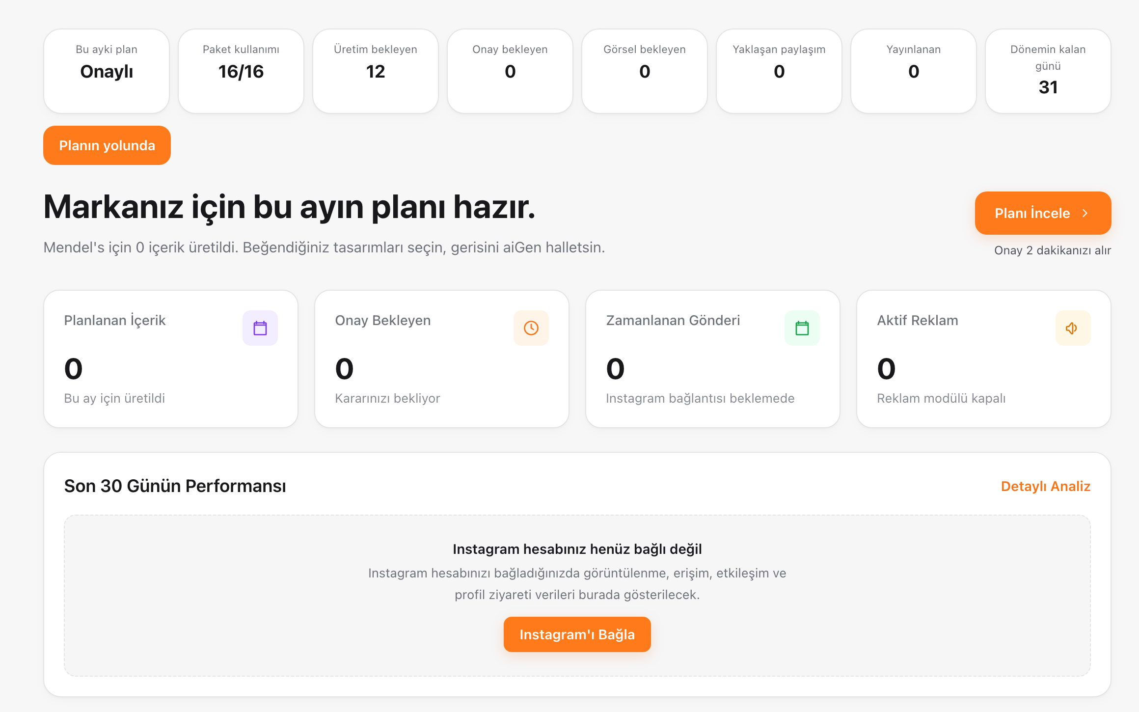 Operasyon paneli — gerçek üründen alınmış ÖRNEK plan görüntüsü (dogfood markası)